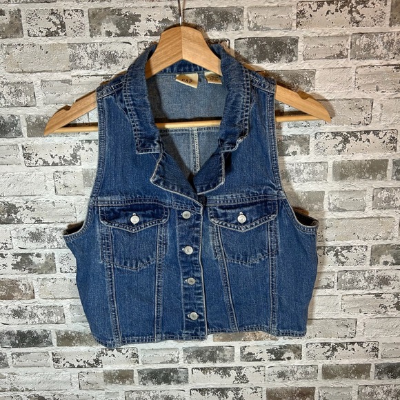 GAP Jackets & Blazers - GAP Vintage Women Medium Wash Denim Trucker Vest Cropped Blue Cotton Size M